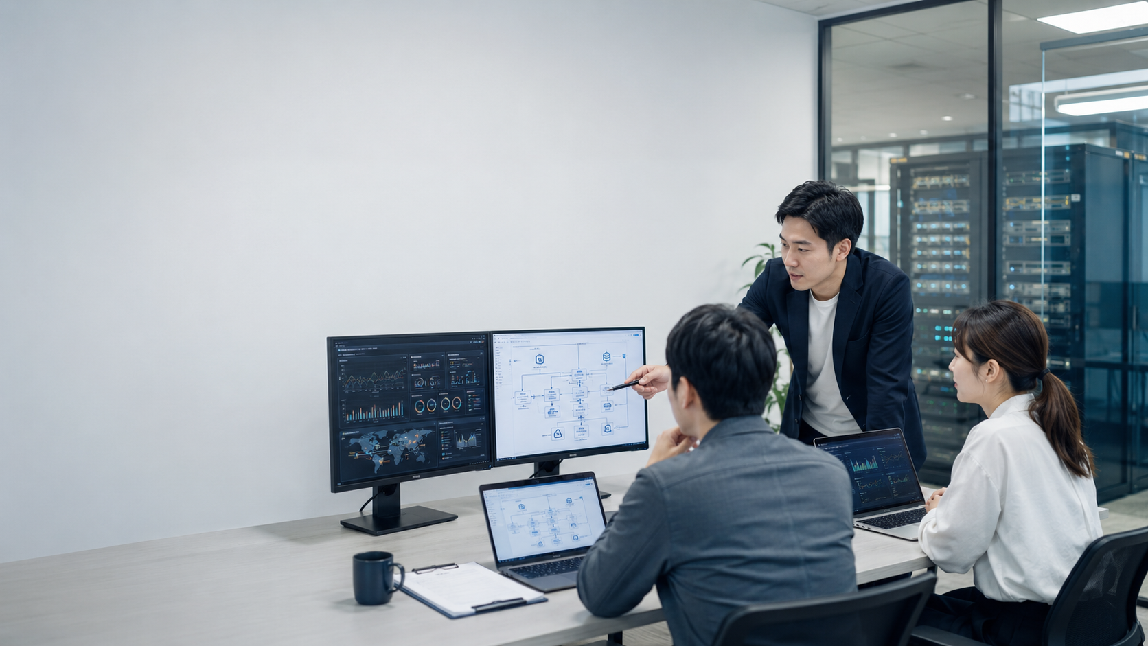 IT基盤支援を表すネットワーク機器とエンジニアのイメージ